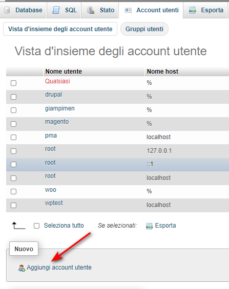 phpMyAdmin account utente