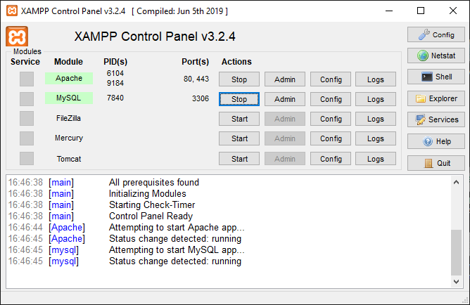 XAMPP panel control